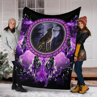 Dream catcher blanket spread out with howling wolf on purple moon and dark bottom stars