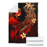 Black and red plumeria “Hawaii” blanket with palm tree and wave swirls; folded with white backing
