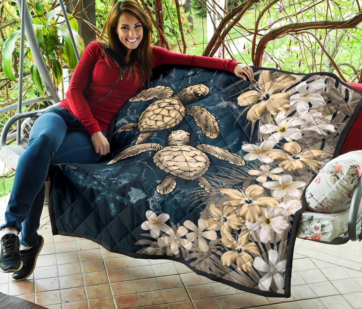 Kanaka Maoli (Hawaiian) Premium Quilt - Sea Turtle Tropical Hibiscus and Plumeria Gold - Wonder Print Shop