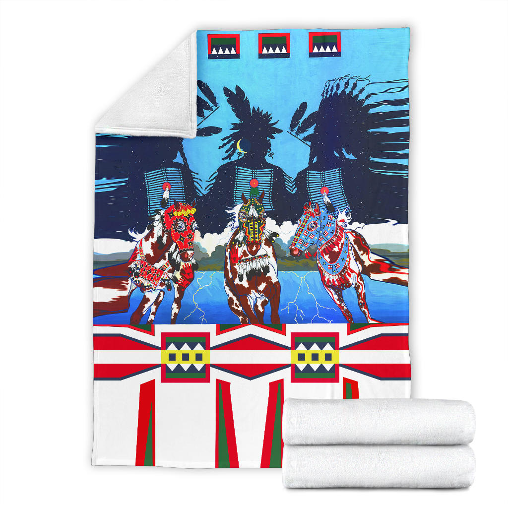 Horse costume blanket set with folded roll, blue horse artwork and red/white/green striped border