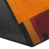 Rug corner close-up: horse graphic edge with black textured backing and dotted trim