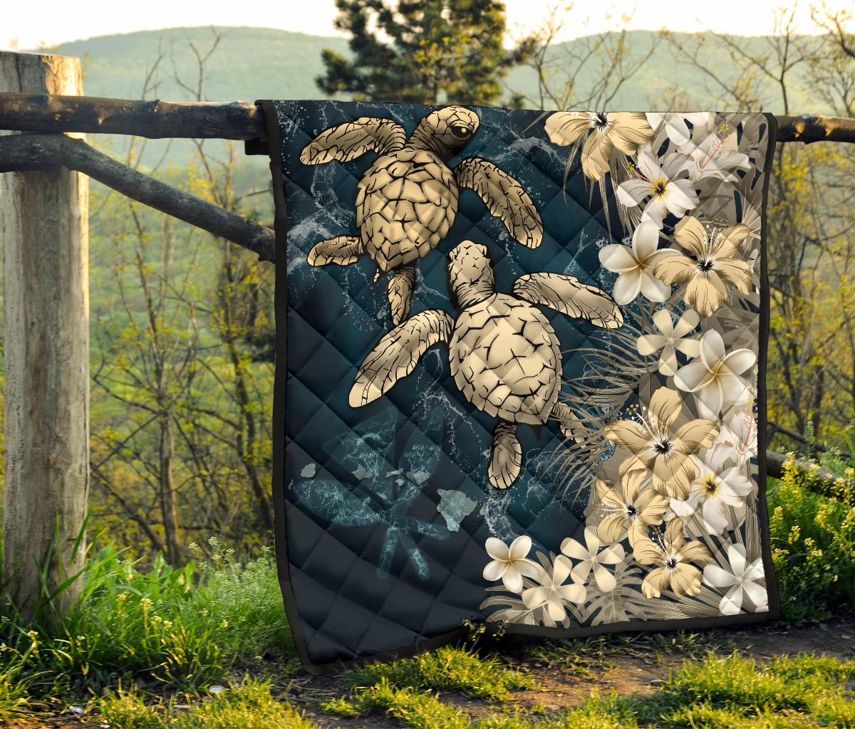 Kanaka Maoli (Hawaiian) Premium Quilt - Sea Turtle Tropical Hibiscus and Plumeria Gold - Wonder Print Shop