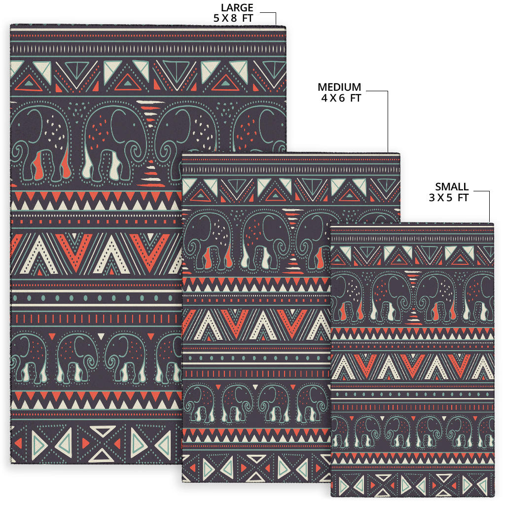 Rug size chart showing large 5x8, medium 4x6, and small 3x5 with tribal elephant pattern