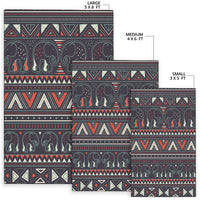 Rug size chart showing large 5x8, medium 4x6, and small 3x5 with tribal elephant pattern