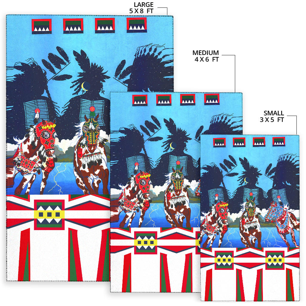 Area rug size chart: 5x8, 4x6, 3x5—blue horse costumes with striped border