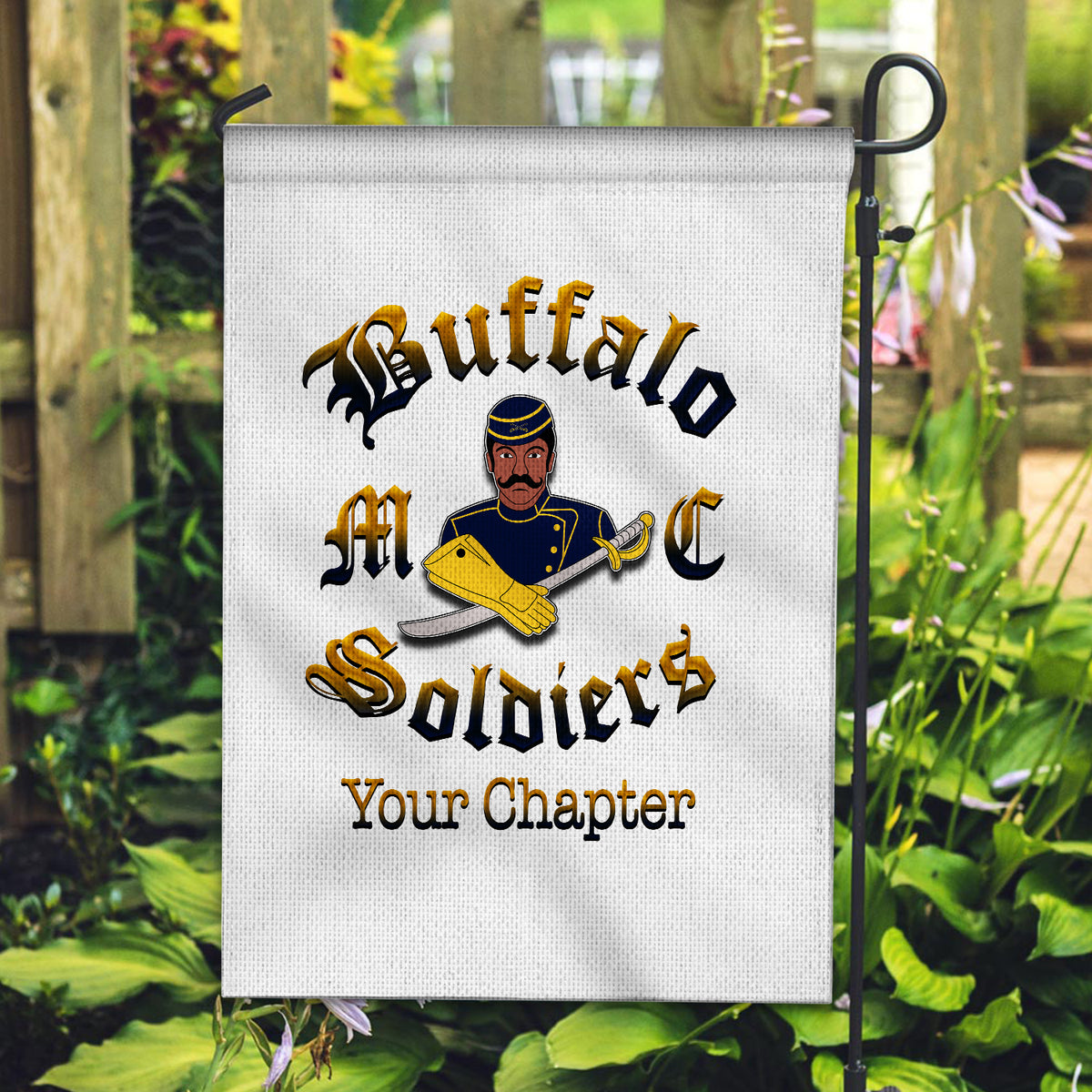 White garden flag reading “Buffalo Soldiers”, “MC Soldiers” and “Your Chapter”