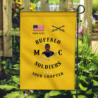 Gold Buffalo Soldiers BSMC garden flag with custom text, American flag and soldier emblem