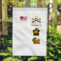 White custom Buffalo Soldiers Motorcycle Club flag with emblems, text, and cavalry patches