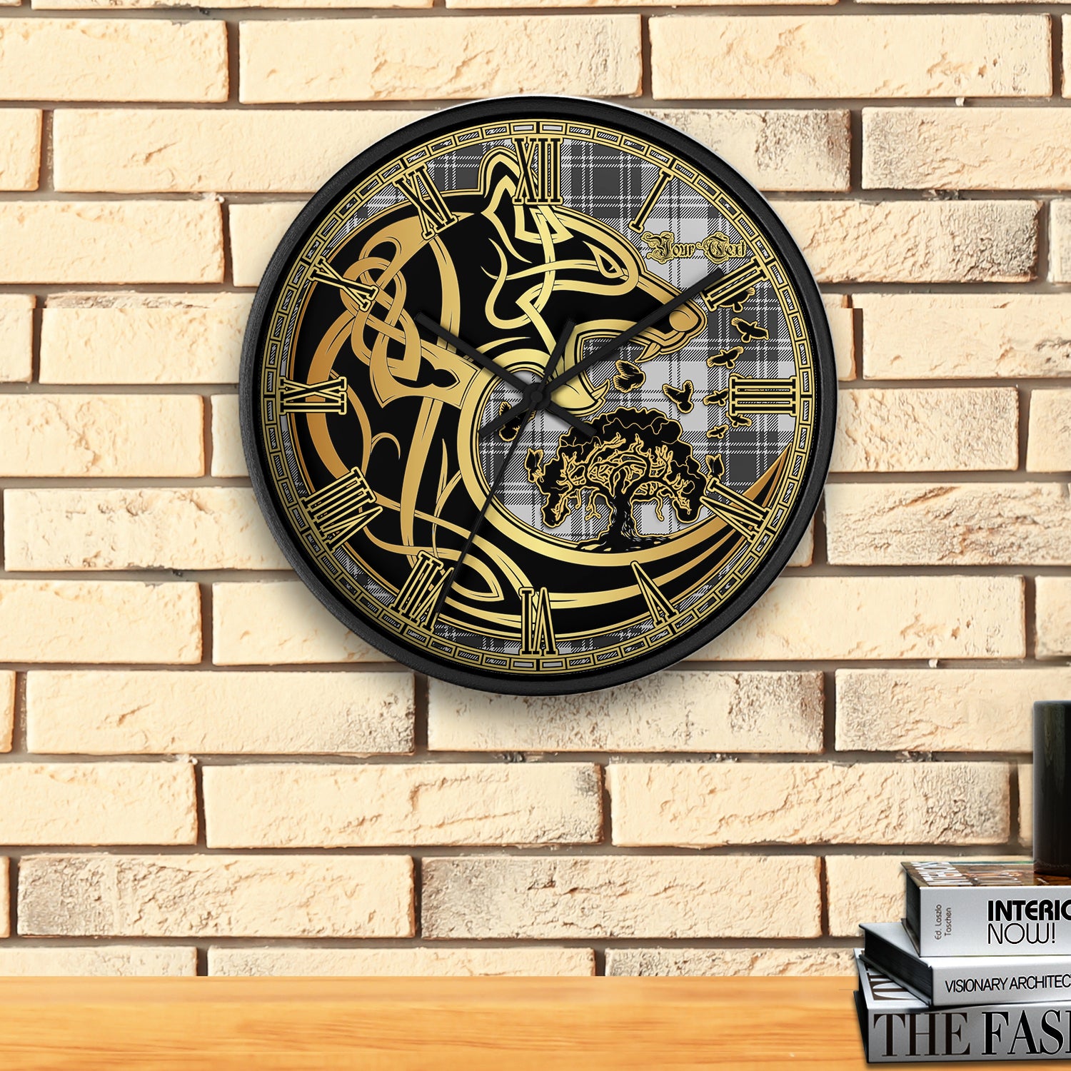 glen-tartan-wall-clock-personalize-wall-clock-decor-wall-clock-celtic-wolf-style