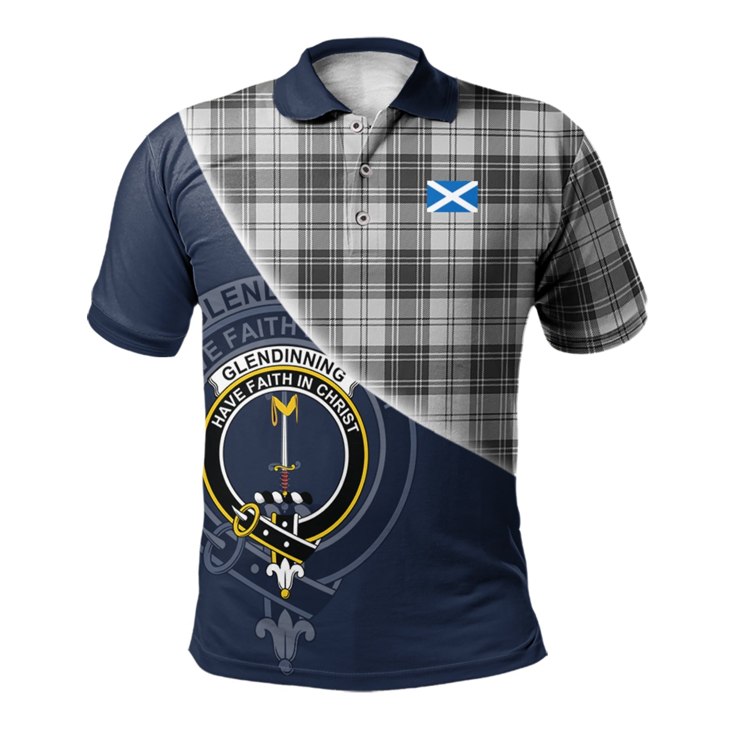 scottish-glendinning-clan-crest-tartan-scotland-flag-half-style-polo-shirt