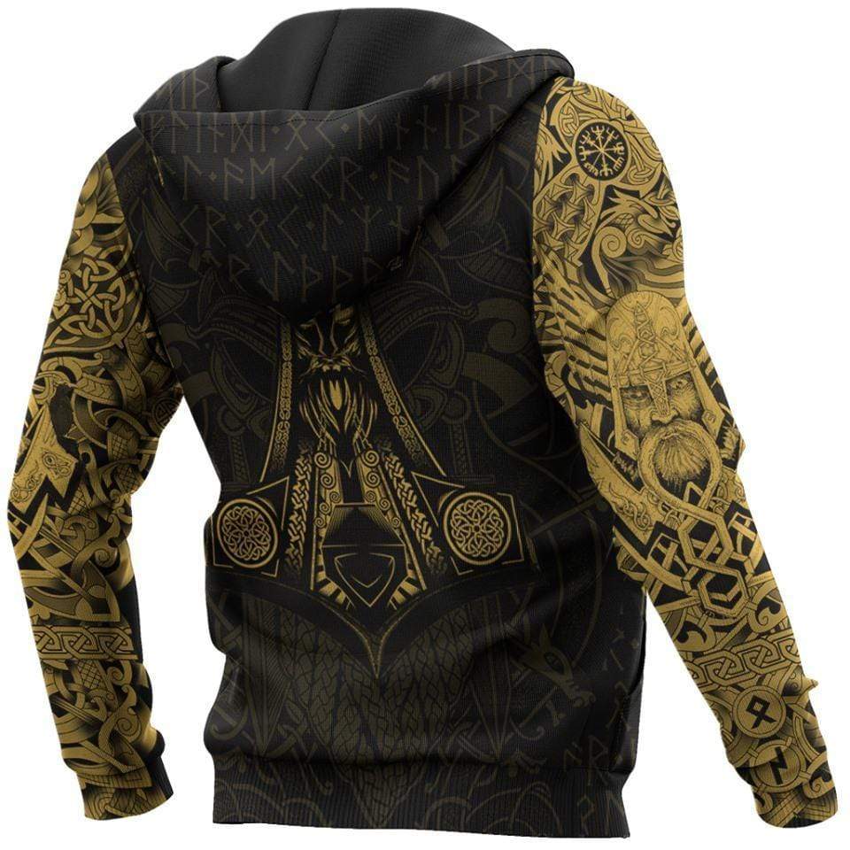 Viking Clothing Gold Plated Odin Tattoo Style Hoodie RLT12 - Wonder Print Shop