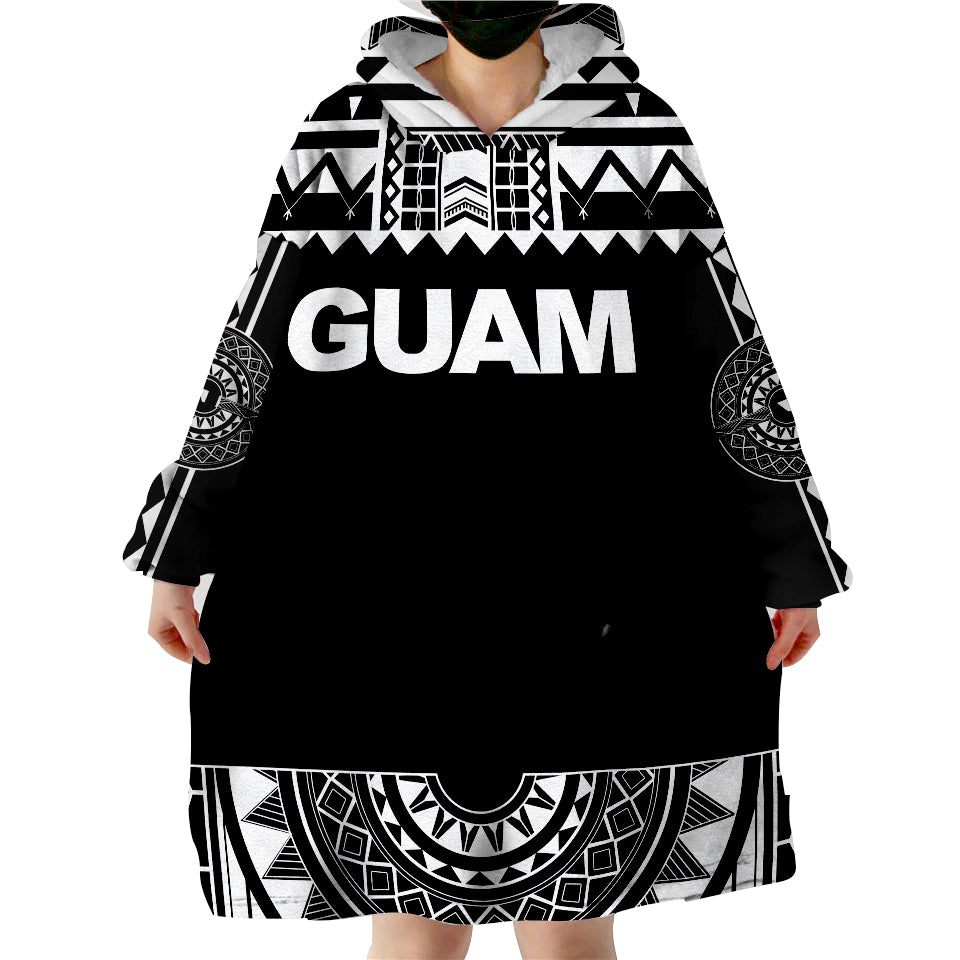 Guam Polynesian Black And White Wearable Blanket Hoodie - Wonder Print Shop