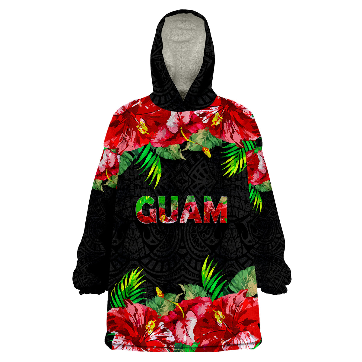 Guam Polynesian Black Hibiscus Wearable Blanket Hoodie - Wonder Print Shop