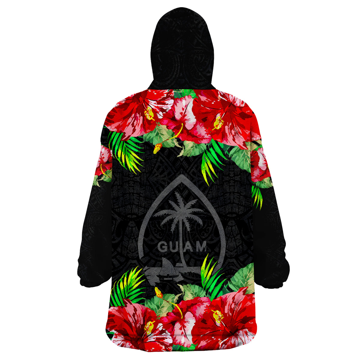 Guam Polynesian Black Hibiscus Wearable Blanket Hoodie - Wonder Print Shop