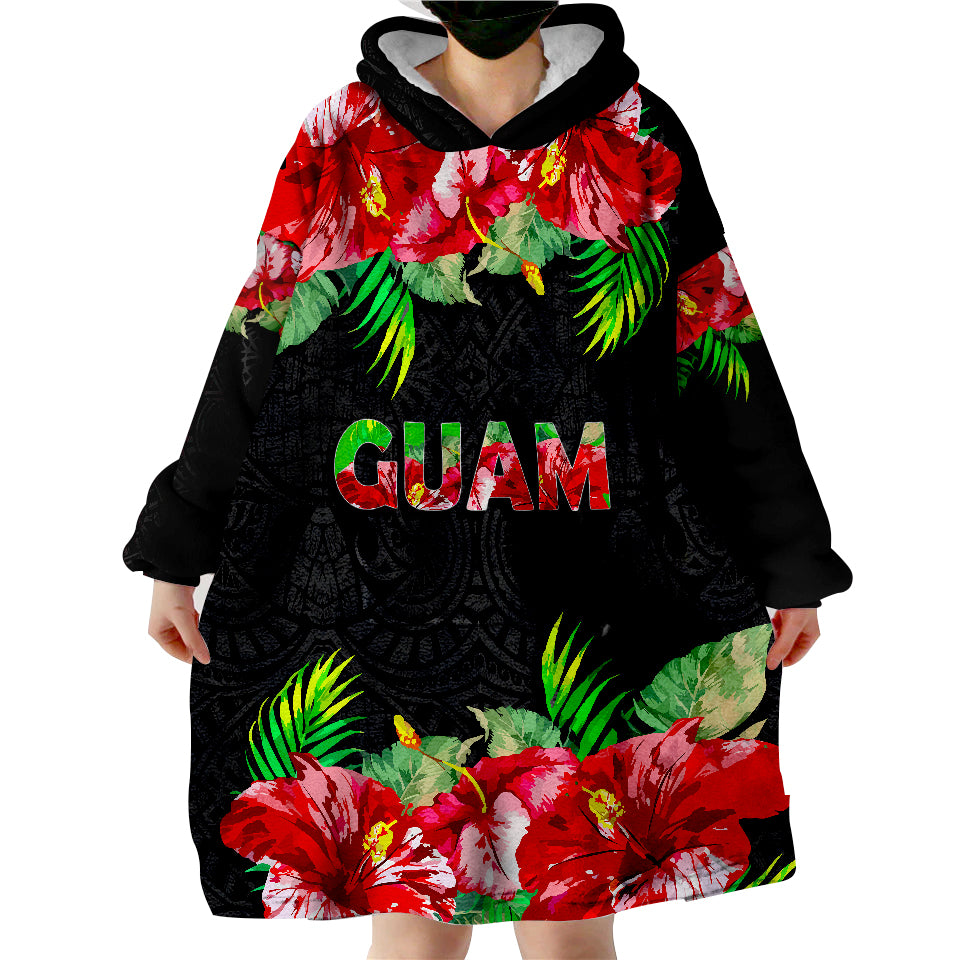 Guam Polynesian Black Hibiscus Wearable Blanket Hoodie - Wonder Print Shop