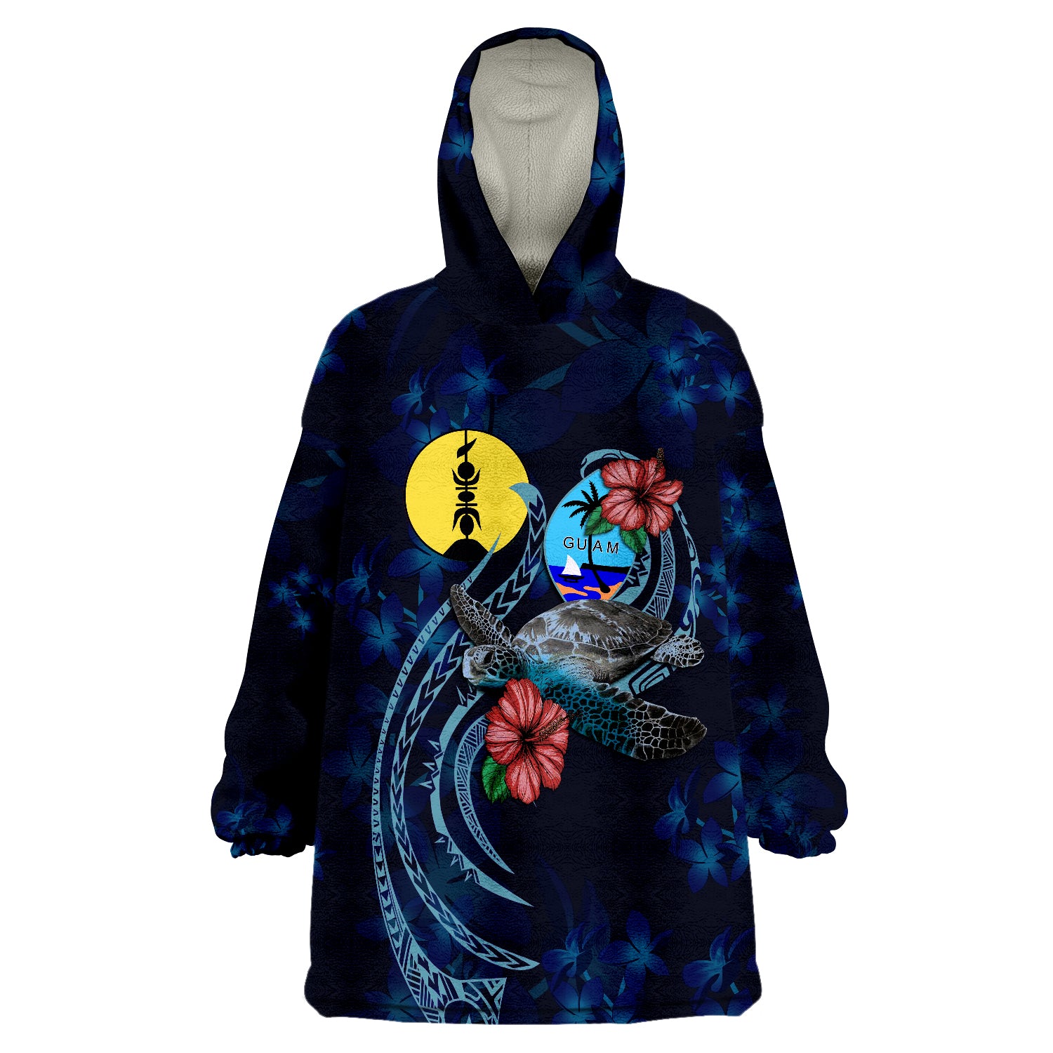 Guam Polynesian Blue Turtle Hibiscus Wearable Blanket Hoodie - Wonder Print Shop