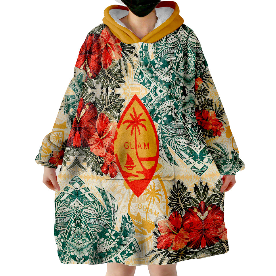 Guam Polynesian Hibiscus Flowers Wearable Blanket Hoodie - Wonder Print Shop