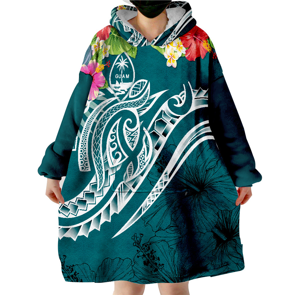 Guam Polynesian Summer Plumeria Turquoise Green Wearable Blanket Hoodie - Wonder Print Shop