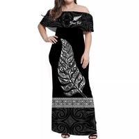 custom-personalised-new-zealand-off-shoulder-long-dress-maori-pattern-silver-fern-black