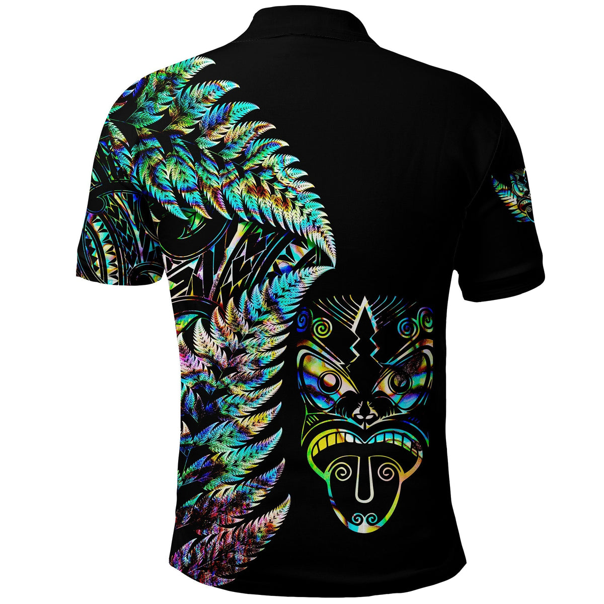 Black Maori polo shirt with colorful feather pattern and tribal face graphic on back