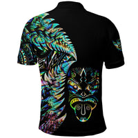 Black Maori polo shirt with colorful feather pattern and tribal face graphic on back