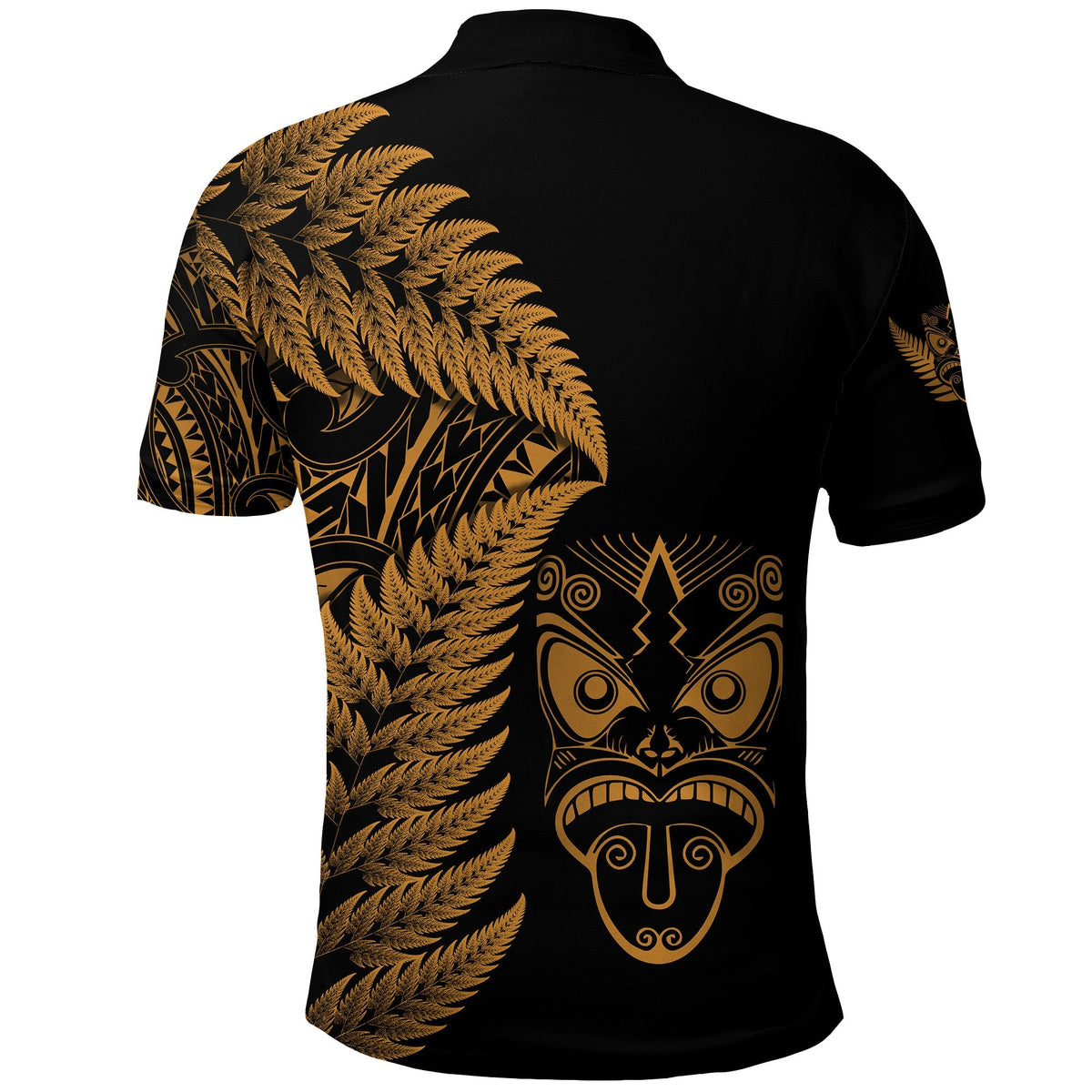 Black polo shirt with gold back fern and tribal face mask design