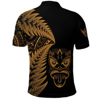 Black polo shirt with gold back fern and tribal face mask design