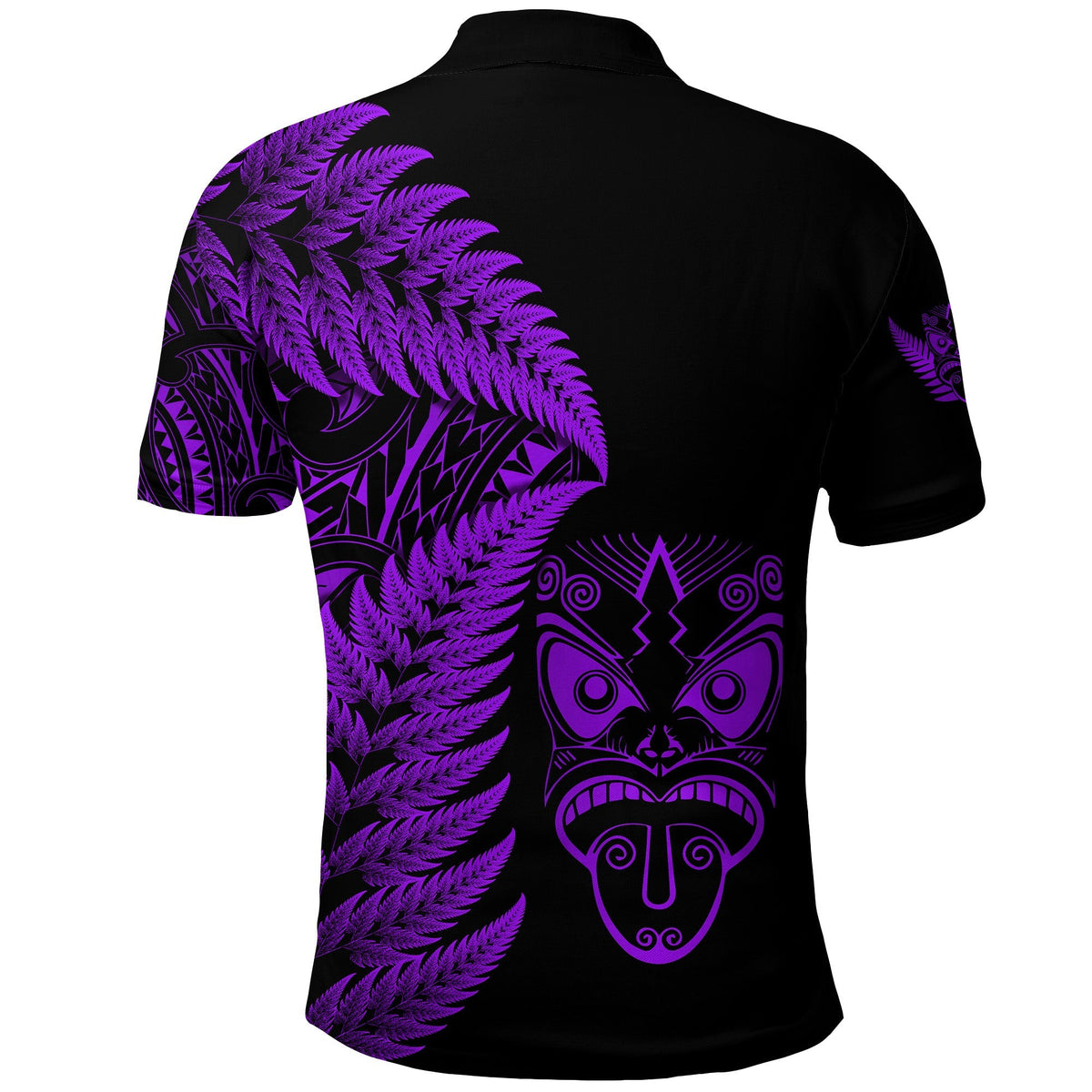 Back of black polo shirt with large purple fern and tribal mask design