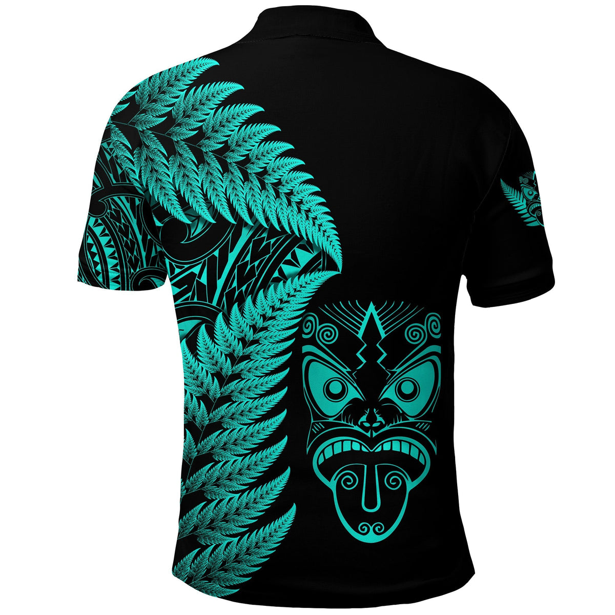 Black polo shirt back view with turquoise fern leaf design and tiki-style face