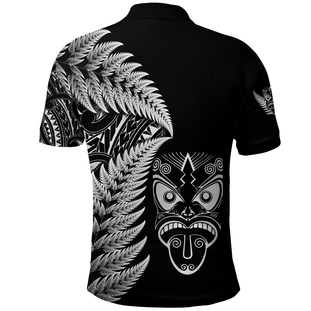 Black polo shirt with silver fern sleeve print and tribal back graphic