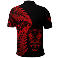 Black red Maori-inspired rugby polo shirt with large fern and face mask graphic, back