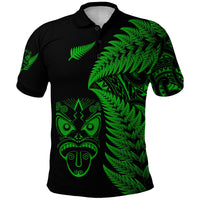 Black polo shirt with green fern print and Maori face emblem on front