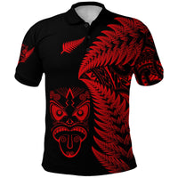 Black red Maori-inspired rugby polo shirt with fern and face mask graphic, front