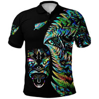 Black Maori polo shirt with colorful feather patterns and tribal face graphic on front