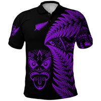 Black polo shirt, purple fern leaves and Maori-style mask front graphic