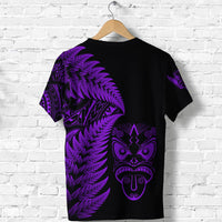 Black T-shirt with purple fern and tribal mask print (back)