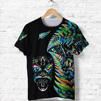 Black T-shirt with colorful feather print and Maori-style face on front