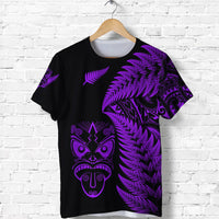 Black T-shirt with purple fern and tribal mask graphic (front)