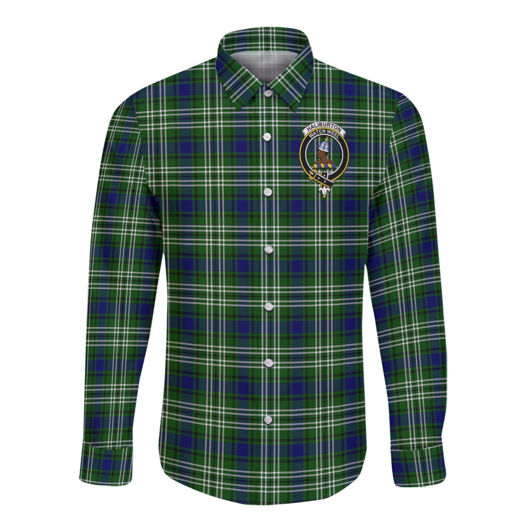 Haliburton Tartan Long Sleeve Button Up Shirt with Scottish Family Crest K23