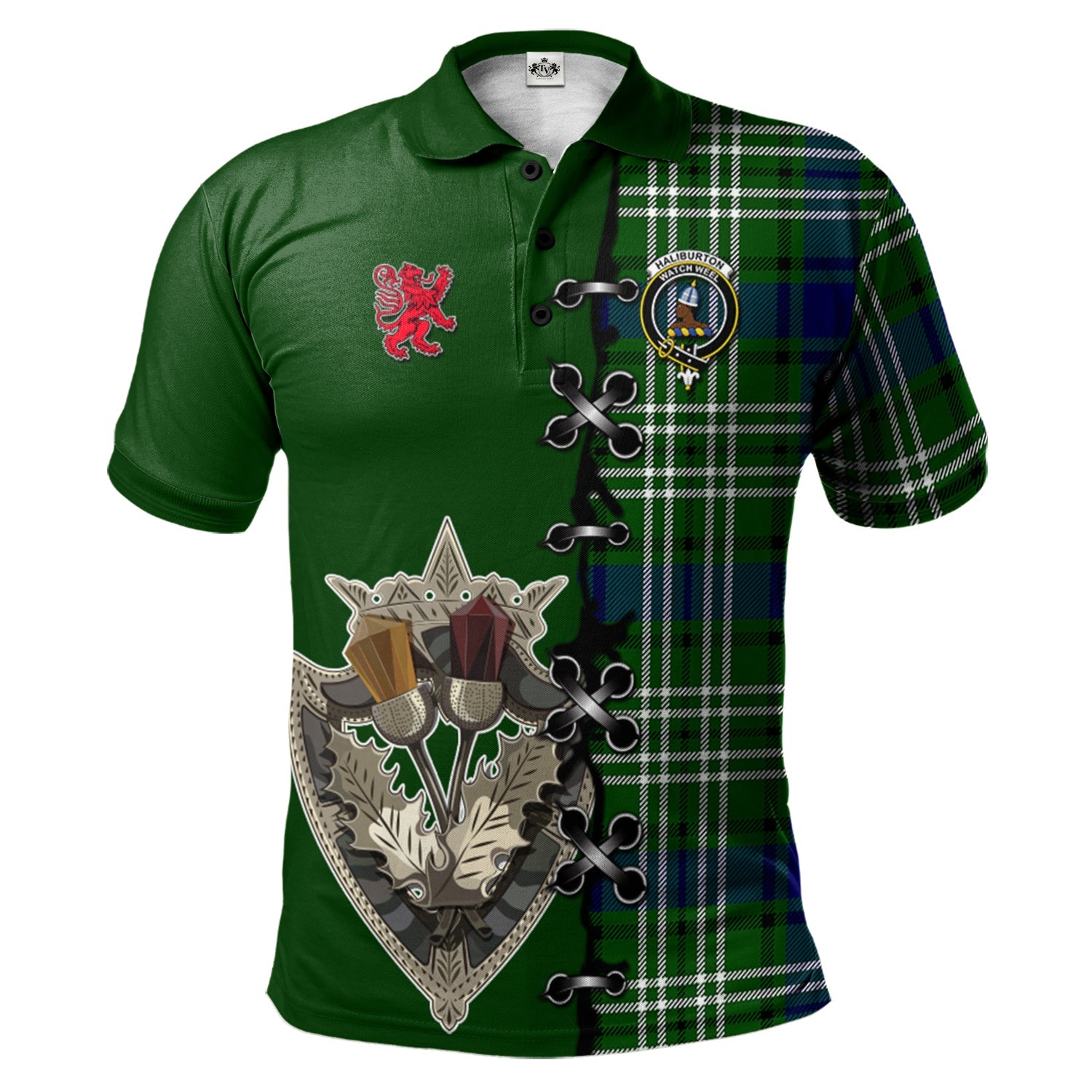 scottish-haliburton-clan-crest-tartan-lion-rampant-and-celtic-thistle-polo-shirt