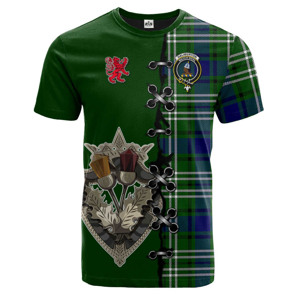 scottish-haliburton-clan-crest-tartan-lion-rampant-and-celtic-thistle-t-shirt