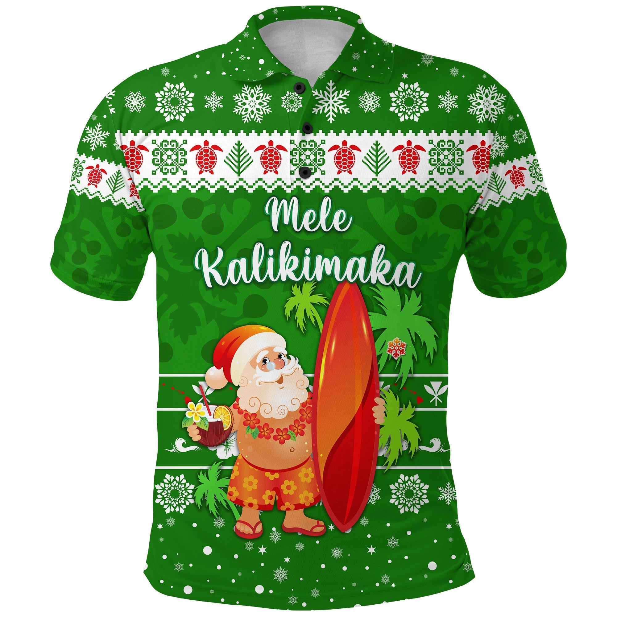 Custom Christmas Hawaii Polo Shirt Santa Claus Surfing Simple Style Green LT8 - Wonder Print Shop