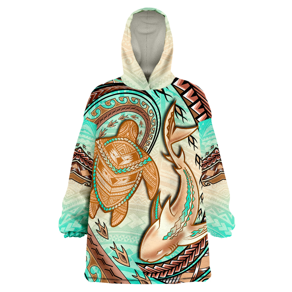Hawaii Polynesian Shark And Sea Turtle Dreamy Turquoise Artsy Wearable Blanket Hoodie - Wonder Print Shop
