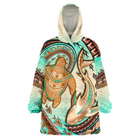 Hawaii Polynesian Shark And Sea Turtle Dreamy Turquoise Artsy Wearable Blanket Hoodie - Wonder Print Shop