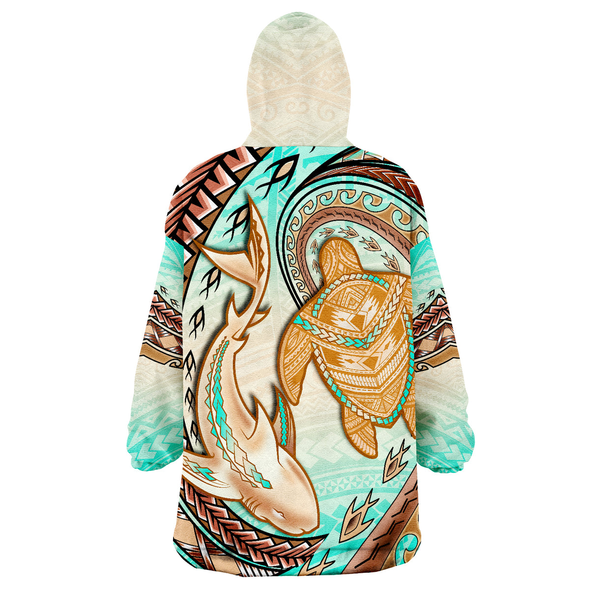 Hawaii Polynesian Shark And Sea Turtle Dreamy Turquoise Artsy Wearable Blanket Hoodie - Wonder Print Shop