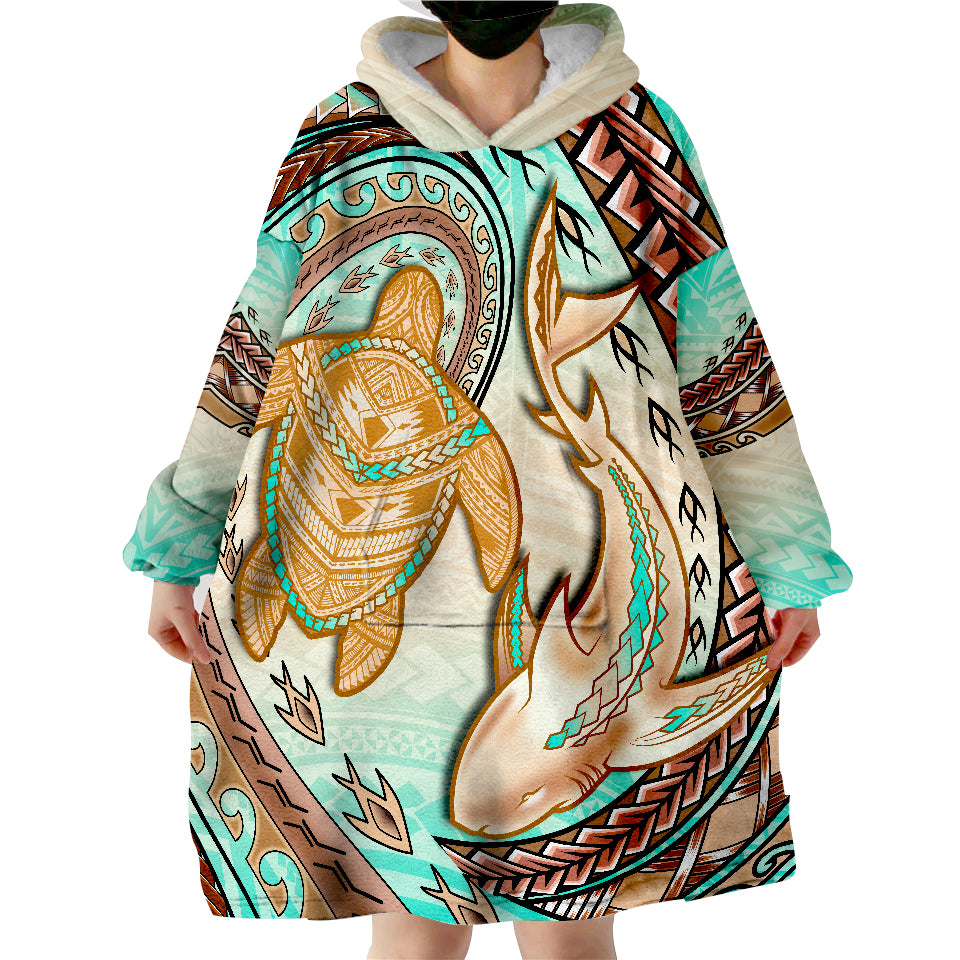 Hawaii Polynesian Shark And Sea Turtle Dreamy Turquoise Artsy Wearable Blanket Hoodie - Wonder Print Shop