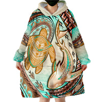 Hawaii Polynesian Shark And Sea Turtle Dreamy Turquoise Artsy Wearable Blanket Hoodie - Wonder Print Shop
