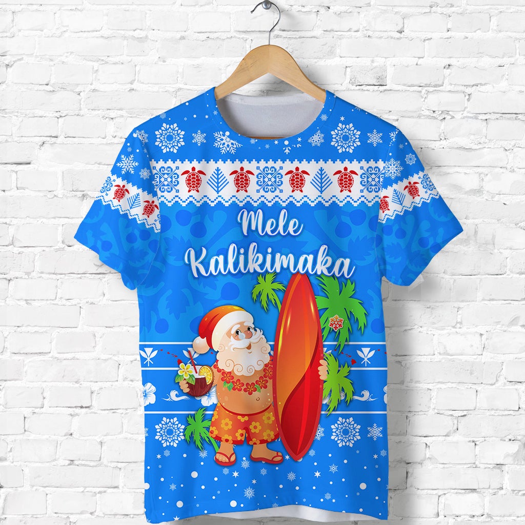 Custom Hawaii Christmas T Shirt Santa Claus Surfing Simple Style Blue LT8 - Wonder Print Shop