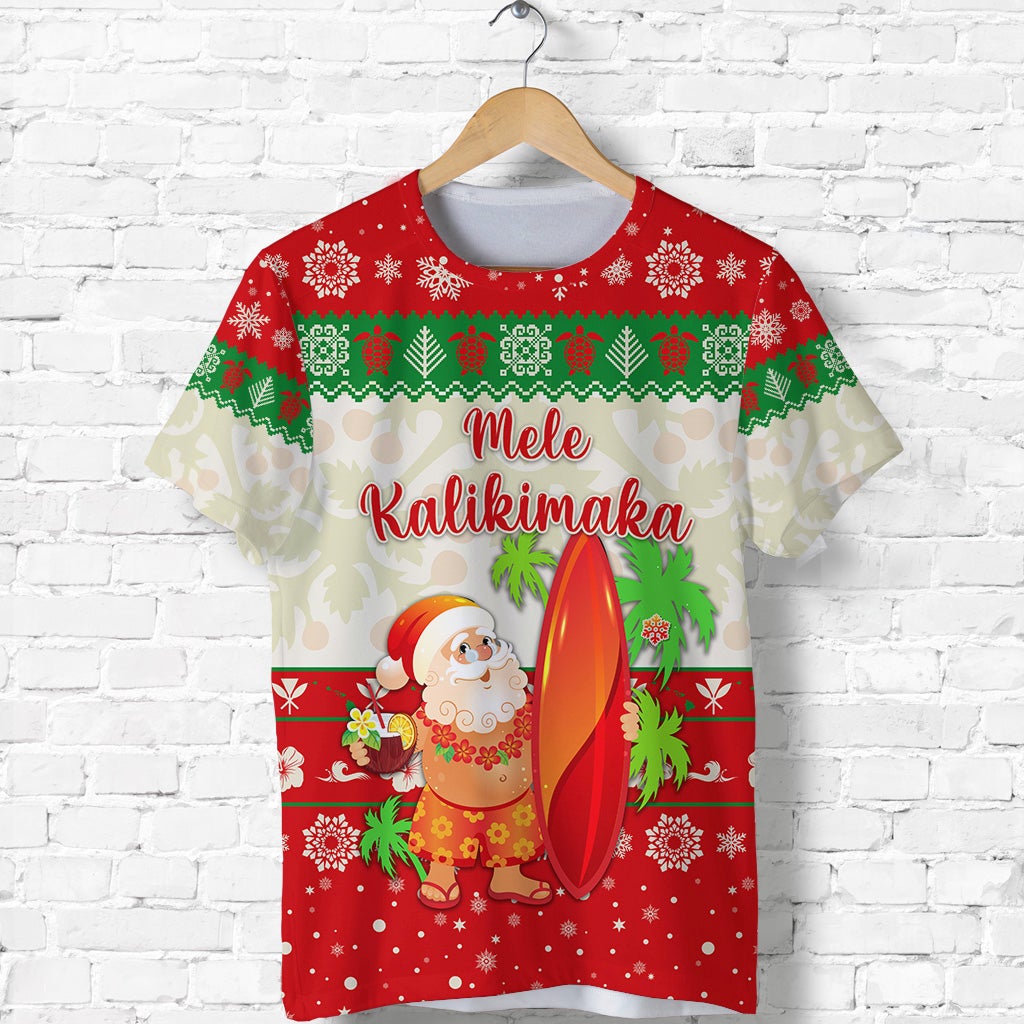 Custom Hawaii Christmas T Shirt Santa Claus Surfing Simple Style Beige Red LT8 - Wonder Print Shop