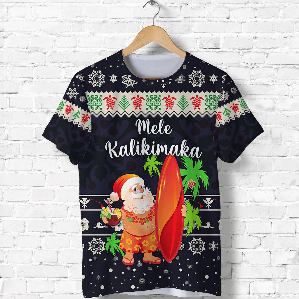 Custom Hawaii Christmas T Shirt Santa Claus Surfing Simple Style Navy LT8 - Wonder Print Shop